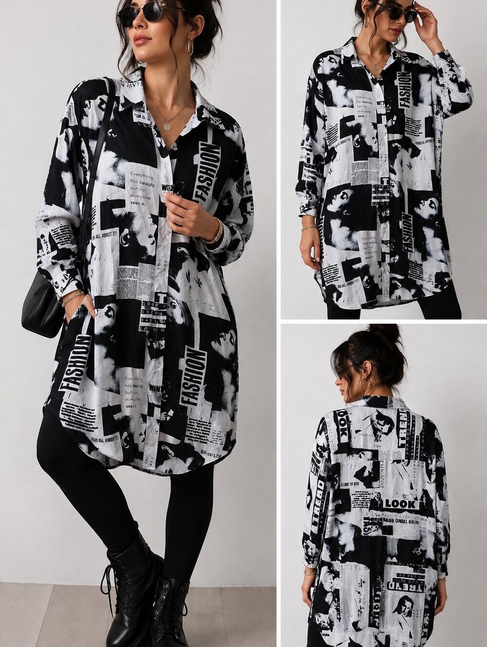 Jon & Anna Contemporary Newspaper Print Shirt Dress Black White Graphic L